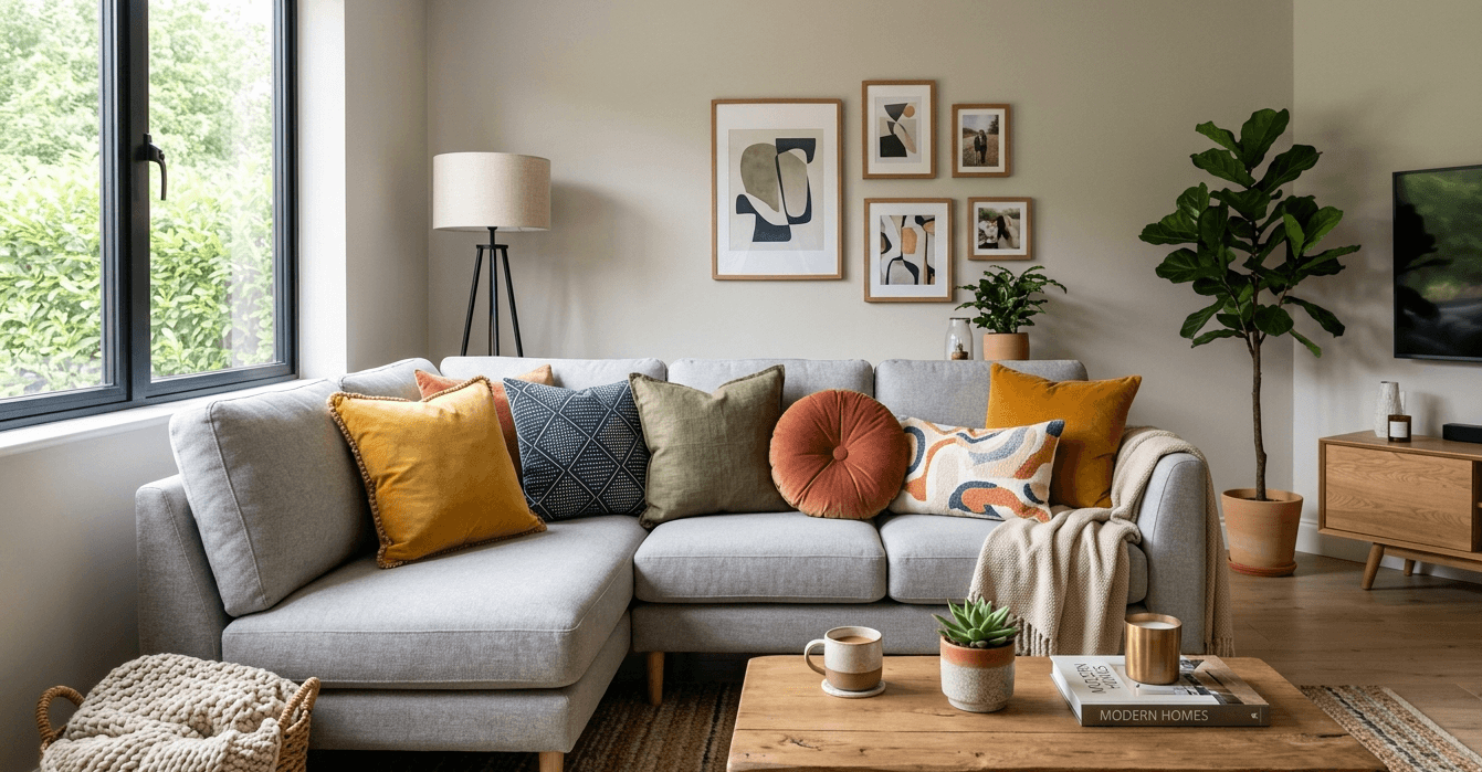Neutral decorative pillows arranged on a modern couch