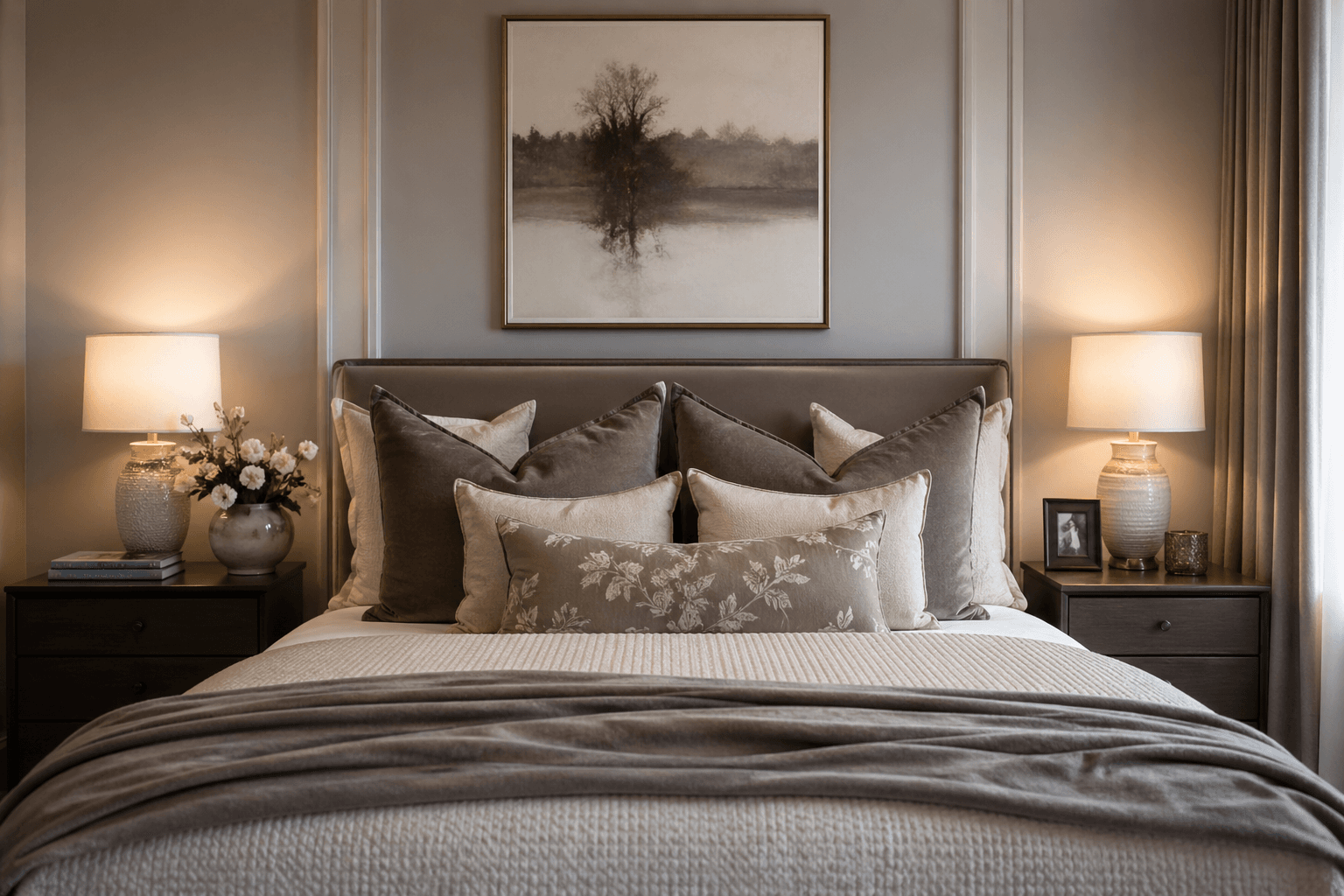 A fully layered decorative pillow arrangement on a couch