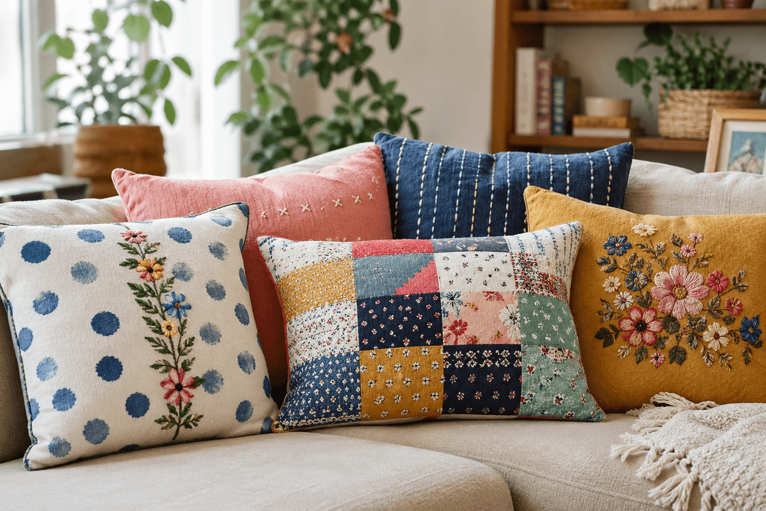Beautiful decorative pillows styled on a living room couch