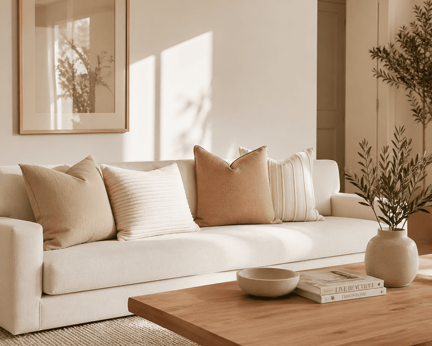 Layered pillows on couch for cozy home decor