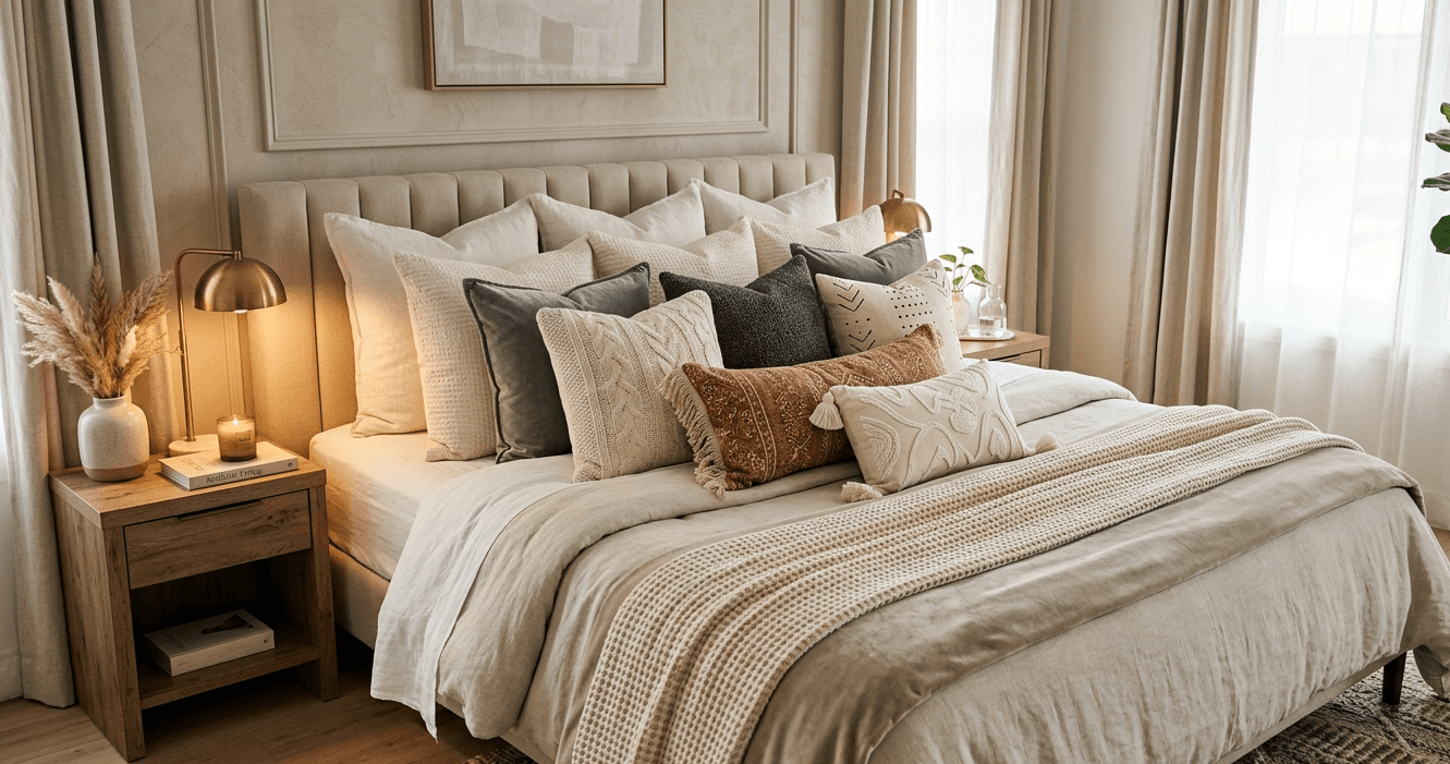 Three decorative pillows styled neatly on a couch