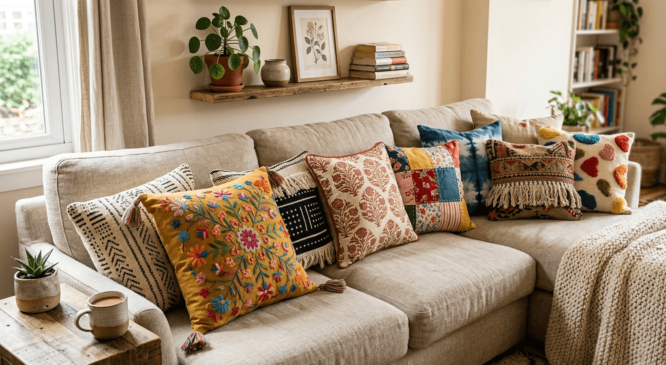 Textured decorative pillows in boucle and velvet on a couch