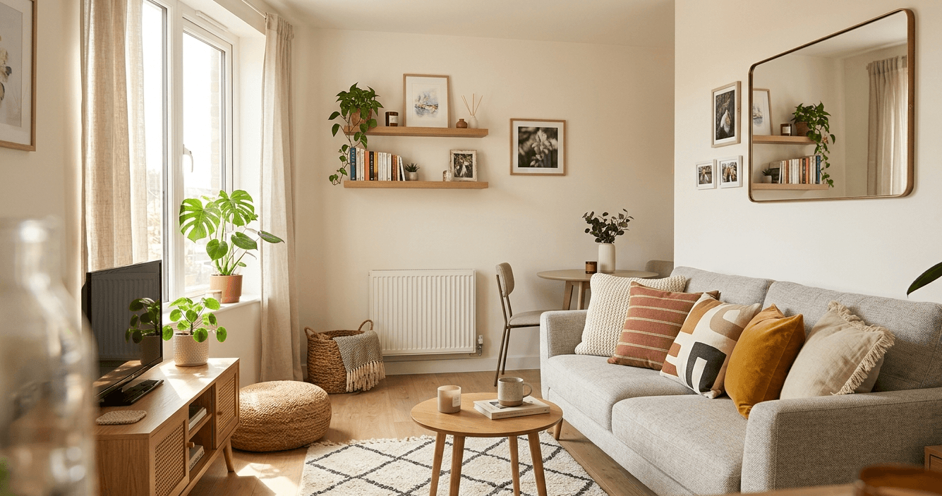 A lumbar pillow centered among square couch pillows