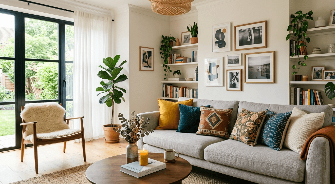 Seasonal throw pillows arranged on a bright sofa